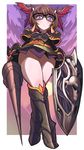  armor black-framed_eyewear blush breastplate brown_hair character_request commentary_request crossed_legs faulds from_below full_body gashi-gashi glasses greaves head_wings original pauldrons polearm purple_eyes purple_skirt shield short_hair skirt solo spear standing thighs upskirt weapon 