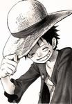  1boy eyes_closed hand_on_hat hat male_focus monkey_d_luffy monochrome one_piece open_clothes open_shirt scar simple_background smile solo straw_hat teeth upper_body white_background 