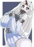  blush breasts claws horn huge_breasts kantai_collection long_hair open_mouth pale_skin red_eyes seaport_hime shinkansen solo sweater urx_ura white_hair white_skin 