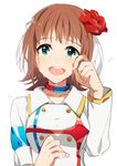  amami_haruka bad_id bad_pixiv_id brown_hair collar collarbone eunram flower green_eyes hair_flower hair_ornament hair_ribbon idolmaster idolmaster_(classic) looking_at_viewer open_mouth red_flower ribbon short_hair simple_background solo starpiece_memories tears upper_body white_background white_ribbon 