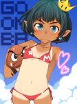 1girl absurdres animal arm_behind_back bangs bikini blue_earrings blush bra breasts character_name closed_mouth cloud cloudy_sky commentary_request day dual_persona fangs frown gluteal_fold goomba green_hair groin heart highres holding holding_animal huge_filesize leaning_to_the_side looking_at_viewer lowleg lowleg_bikini mario_(series) nintendo one-piece_tan outdoors partial_commentary pointy_ears print_bra red_bikini shiroobi_(whitebeltmaster) short_hair side-tie_bikini sky small_breasts solo standing star star_print super_crown super_mario_bros. sweatdrop swimsuit tan tanline tilted_headwear underwear 