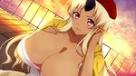  1girl blonde_hair bra breasts cleavage dark_skin dress horn huge_breasts long_hair looking_at_viewer monster_girl monster_musume_no_iru_nichijou monster_musume_no_iru_nichijou_online ogre red_eyes smile solo tionishia 