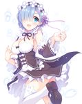  :d bare_shoulders black_dress black_ribbon blue_eyes blue_hair blush breasts cleavage commentary_request detached_sleeves dress frilled_sleeves frills gunp hair_ornament hair_over_one_eye hair_ribbon large_breasts maid maid_headdress open_mouth re:zero_kara_hajimeru_isekai_seikatsu rem_(re:zero) ribbon short_hair smile solo thighhighs underbust white_legwear x_hair_ornament 