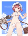  aa_gun bikini blue_sky blush bow breasts cloud cowboy_shot day groin hat hat_bow kantai_collection monaka_ooji navel outdoors red_eyes red_hair sailor_bikini sailor_collar sailor_hat short_hair sky small_breasts smiley_face solo striped striped_bow swimsuit torn_bikini triangle_mouth wardrobe_malfunction white_bikini white_hat z3_max_schultz_(kantai_collection) 