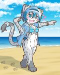  artist_request blue_eyes blue_hair bottomless bra cat furry open_mouth paw sand water 