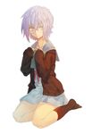  absurdres bangs black_legwear blue_skirt cardigan closed_mouth full_body glasses highres kita_high_school_uniform lavender_eyes lavender_hair long_sleeves looking_at_viewer mister_rhino_(wangzisama1001) nagato_yuki nagato_yuki-chan_no_shoushitsu no_shoes open_cardigan open_clothes rimless_eyewear school_uniform seiza serafuku short_hair sitting skirt smile socks solo suzumiya_haruhi_no_shoushitsu suzumiya_haruhi_no_yuuutsu white_background 