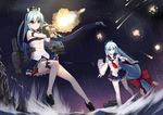  absurdly_long_hair absurdres allenes bangs bare_shoulders blue_eyes blue_hair clenched_teeth detached_sleeves firing fubuki_(zhan_jian_shao_nyu) gun headgear highres holding holding_gun holding_weapon long_hair low-tied_long_hair miniskirt multiple_girls night pleated_skirt red_eyes remodel_(zhan_jian_shao_nyu) sailor_collar school_uniform serafuku shirayuki_(zhan_jian_shao_nyu) skirt teeth thighhighs very_long_hair water weapon white_legwear wide_sleeves zettai_ryouiki zhan_jian_shao_nyu 