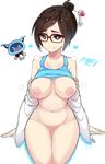  1girl areolae artist_request black-framed_glasses blush bottomless breasts brown_eyes brown_hair character_name collarbone eyebrows_visible_through_hair glasses hair_bun hair_ornament hairpin heart jacket large_breasts looking_at_viewer mei_(overwatch) navel nipples no_pussy open_jacket overwatch robot shirt shirt_lift sitting smile white_background 