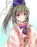  blush bow bowtie closed_mouth commentary_request grey_hair hat japanese_clothes kariginu long_hair long_sleeves looking_at_viewer mononobe_no_futo nekomiyanono pom_pom_(clothes) ponytail purple_bow purple_eyes purple_neckwear ribbon-trimmed_sleeves ribbon_trim smile solo tate_eboshi touhou upper_body wide_sleeves 