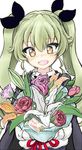  absurdres anchovy anzio_school_uniform bouquet drill_hair flower girls_und_panzer green_hair happy_birthday highres holding holding_bouquet lily_(flower) long_hair open_mouth rose sketch smile solo tears twin_drills wabiushi white_background yellow_eyes 