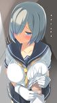  1girl between_breasts blue_eyes blush breast_grab breasts gloves grabbing guided_breast_grab hair_ornament hair_over_one_eye hairclip hamakaze_(kantai_collection) hand_under_clothes hand_under_shirt highres kantai_collection large_breasts looking_away looking_to_the_side neckerchief no_legwear pleated_skirt pov school_uniform serafuku shirt short_hair silver_hair skirt sleeves_rolled_up solo_focus tenpesuto white_gloves yellow_neckwear 