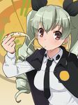  anchovy anzio_school_uniform cheese_trail drill_hair eating food girls_und_panzer green_hair holding holding_food holding_pizza katatsuka_kouji long_sleeves looking_at_viewer military military_uniform necktie pizza red_eyes solo twin_drills uniform 
