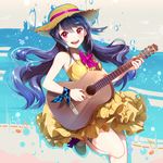  :d acoustic_guitar bare_shoulders blush bow breasts checkered dress eighth_note guitar hair_ornament hairclip hat instrument leg_up long_hair looking_at_viewer medium_breasts music musical_note open_mouth phino pink_bow pink_eyes playing_instrument purple_hair shoes sleeveless sleeveless_dress smile solo star straw_hat thigh_strap vocaloid water_drop xin_hua yellow_dress yellow_footwear 