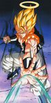  1boy 90s dragon_ball dragonball_z energy gogeta halo muscle official_art poster scan serious super_saiyan vegeta vest yamamuro_tadayoshi 