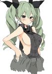  anchovy araki_kanao blush breasts drill_hair girls_und_panzer green_hair hair_ribbon large_breasts long_hair red_eyes ribbon sideboob simple_background sketch solo twin_drills white_background 