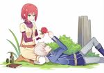  1girl akagami_no_shirayukihime ankle_boots blue_eyes blue_footwear book boots bottle brown_footwear bush closed_mouth flower grass green_eyes grey_hair grey_pants holding holding_flower kenkaizar lap_pillow long_sleeves lying on_back on_ground pants red_flower red_hair red_rose rose seiza shirayuki_(akagami_no_shirayukihime) shirt short_hair short_sleeves sitting skirt smile white_background zen_wistalia 