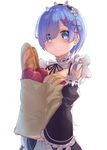  apple bag baguette banana bangs bare_shoulders black_dress black_ribbon blue_eyes blue_hair blunt_bangs blush bread breasts cowboy_shot detached_sleeves dress food frills fruit hair_ornament hair_over_one_eye highres holding looking_at_viewer maid maid_headdress motokonut paper_bag pink_ribbon re:zero_kara_hajimeru_isekai_seikatsu rem_(re:zero) ribbon short_hair simple_background small_breasts smile solo white_background x_hair_ornament 