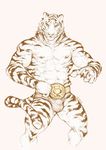  abs belt bulge claws clothing feline fur_markings male mammal markings muscular muscular_male nipples pockyrumz simple_background solo tiger underwear whiskers 