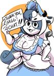  anaugi animal_humanoid big_breasts bonnet bovine breasts cleavage clothed clothing cow_humanoid dress ear_piercing english_text female freckles hair horn humanoid klara_(monster_girl_gamu) mammal monster_girl_gamu multicolored_hair open_mouth piercing sign smile solo text two_tone_hair 