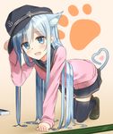 all_fours anchor_symbol animal_ears black_legwear blue_eyes cat_ears cat_tail clenched_hands flat_cap footprints habu. hair_between_eyes hat heart heart_tail hibiki_(kantai_collection) kantai_collection kemonomimi_mode long_hair looking_at_viewer miniskirt open_mouth paw_pose pink_background pink_sweater pleated_skirt school_uniform serafuku skirt solo sweater tail thighhighs 