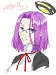 artist_name bespectacled blue-framed_eyewear commentary_request glasses kantai_collection looking_at_viewer mechanical_halo purple_eyes purple_hair red_ribbon ribbon simple_background sketch solo tatsuta_(kantai_collection) tsukimi_50 tsurime upper_body white_background 