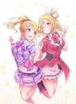  ayase_eli ayase_eli_(cosplay) blonde_hair blue_eyes bokura_no_live_kimi_to_no_life bow bowtie braid collared_shirt cosplay costume_switch crown_braid grin hair_ornament hair_rings hatagaya highres holding_hands idol jumping kimi_no_kokoro_wa_kagayaiteru_kai? long_hair looking_at_another love_live! love_live!_school_idol_project love_live!_sunshine!! multiple_girls ohara_mari ohara_mari_(cosplay) one_eye_closed ponytail purple_bow purple_neckwear red_bow red_neckwear scrunchie shirt short_sleeves signature skirt smile standing standing_on_one_leg star star_hair_ornament v wrist_scrunchie yellow_eyes 