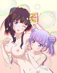  ;d armpits black_hair blue_eyes blue_hair blush breasts bubble collarbone double_bun eyebrows eyebrows_visible_through_hair highres long_hair medium_breasts mole mole_on_breast multiple_girls new_game! nipples nude one_eye_closed open_mouth purple_eyes smile soap_bubbles suzukaze_aoba takefumi takimoto_hifumi tickling yuri 