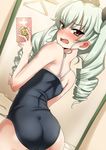  anchovy ass ayuayu_(shouyu_no_sato) blush brown_eyes cellphone clothes_hanger commentary_request drill_hair eyebrows eyebrows_visible_through_hair from_behind girls_und_panzer green_hair hair_between_eyes highres long_hair looking_at_viewer looking_back mirror phone self_shot shiny shiny_hair shiny_skin solo sweat swimsuit twintails 