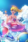  absurdres artist_name blonde_hair blue_eyes blue_shell breasts collaboration crown day food gumroad_reward highres huge_filesize innertube jonathan_hamilton lisa_buijteweg mario_(series) open_mouth paid_reward popsicle princess_peach small_breasts smile super_mario_bros. swimsuit tankini water watermark 