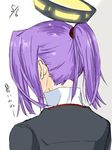  alternate_hairstyle commentary_request dated facing_away from_behind kantai_collection long_hair mechanical_halo nape ponytail purple_hair simple_background solo tatsuta_(kantai_collection) translated tsukimi_50 