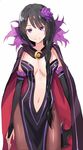  bad_id bad_pixiv_id black_hair black_legwear breasts bridal_gauntlets cape closed_mouth elsa_granhilte eyebrows eyebrows_visible_through_hair flower hair_flower hair_ornament kenkaizar large_breasts long_hair mole mole_under_eye navel pantyhose purple_eyes re:zero_kara_hajimeru_isekai_seikatsu simple_background smile solo tsurime very_long_hair white_background 