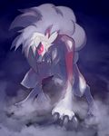  gen_7_pokemon glowing glowing_eye kuuuukai lycanroc no_humans open_mouth pokemon pokemon_(creature) red_eyes solo teeth tongue tongue_out 