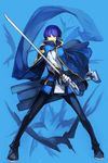  blazblue blazblue:_central_fiction blue_background blue_cape blue_hair blue_scarf cape gloves hankuri hibiki_kohaku holding holding_sword holding_weapon long_sleeves looking_at_viewer male_focus scarf solo sword weapon white_gloves yellow_eyes 