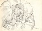  2016 anthro bed breasts daughter duo female lying mammal mother mother_and_daughter mustelid nipples nude on_back on_side parent scale_(artist) sleeping wolverine young 