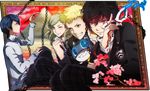  3boys ;) amamiya_ren black_hair blonde_hair blood blue_hair cat chain clenched_hand kitagawa_yuusuke kuromai mask morgana_(persona_5) multiple_boys one_eye_closed paintbrush painting_(object) persona persona_5 sakamoto_ryuuji school_uniform shuujin_academy_uniform smile takamaki_anne twintails 