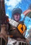  alien angry armor bad_end blurry_foreground choujikuu_yousai_macross cloud dagova_(artist) day dirty ejection ejection_seat emblem giant grey_hair gunpod helmet highres insignia looking_at_viewer maclone macross motion_blur parachute pilot pilot_suit purple_skin quamzin_kravshera science_fiction size_difference sky smoke spacesuit translation_request u.n._spacy watermark you_gonna_get_raped zentradi 