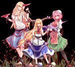  absurdres ankle_cuffs ankle_wrap bandaged_arm bandages barefoot belt black_background black_legwear blonde_hair blue_skirt blush bun_cover chain contrapposto cuffs cup feet gourd green_skirt highres horn horns hoshiguma_yuugi ibaraki_kasen ibuki_suika long_hair looking_at_viewer low-tied_long_hair mappe_(778exceed) multiple_girls orange_eyes pantyhose pink_hair red_eyes red_footwear ribbon-trimmed_skirt ribbon_trim sakazuki shackles shirt shoes short_hair sidelocks simple_background skirt sleeveless standing star tabard toeless_legwear tongue tongue_out touhou white_shirt 