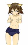  1girl animal_ears breasts brown_hair covering covering_breasts cropped_legs looking_at_viewer miyafuji_yoshika navel school_swimsuit short_hair simple_background solo standing strike_witches swimsuit white_background 