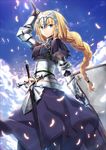  arm_up armor blonde_hair blue_sky braid breasts cloud day elbow_gloves fate/apocrypha fate_(series) flag gabiran gauntlets gloves helmet jeanne_d'arc_(fate) jeanne_d'arc_(fate)_(all) long_hair long_sword looking_at_viewer medium_breasts purple_gloves sheath sheathed sky smile solo sword weapon 