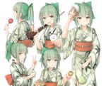  :d :o azuhira bangs bow candy_apple character_mask commentary_request error_musume food from_behind green_hair grin gun hair_bow japanese_clothes kantai_collection kimono kinchaku multiple_views obi open_mouth ponytail pouch ramune rifle sash shimakaze_(kantai_collection) shimakaze_(seal) shooting_gallery smile summer_festival takoyaki v v-shaped_eyebrows weapon white_background yellow_eyes yukata yuubari_(kantai_collection) 