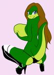  anthro big_breasts blue_eyes breasts brown_hair clothed clothing female footwear hair high_heels huge_breasts lizard reptile samantha_brooks sarcolopter scalie simple_background solo topless 