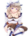  arms_behind_back bangs bare_shoulders beret black_legwear blue_eyes blue_skirt blush boots breasts breasts_apart cleavage collarbone covered_nipples cucouroux_(granblue_fantasy) detached_sleeves eyebrows eyebrows_visible_through_hair granblue_fantasy grey_hair hair_ribbon hat long_hair long_sleeves matsukawa_(pale_scarlet) medium_breasts miniskirt open_mouth pleated_skirt ribbon simple_background sitting skirt smile solo strap striped striped_ribbon thighhighs twintails white_background white_footwear white_hat 