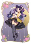  artemis_(sailor_moon) artist_name bishoujo_senshi_sailor_moon black_footwear black_hair black_skirt blue_eyes bow cat choker crescent facial_mark flower forehead_mark grey_legwear hair_bun long_hair looking_at_viewer luna_(sailor_moon) luna_(sailor_moon)_(human) purin_(dillahooni) purple_background purple_bow rose shoes skirt smile thighhighs yellow_bow yellow_choker zettai_ryouiki 