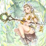  ass bare_shoulders barefoot blonde_hair blush bracer breasts center_opening closed_mouth detached_sleeves dress feet granblue_fantasy greaves headdress holding long_hair long_sleeves medium_breasts navel petra_(granblue_fantasy) smile staff taniwasu tattoo thigh_strap toeless_legwear white_dress yellow_eyes 