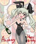  alcohol anchovy animal_ears bottle bow bowtie brown_eyes bunny_ears bunnysuit champagne detached_collar drill_hair girls_und_panzer green_hair happy_birthday nekota_susumu one_eye_closed pantyhose solo twin_drills twintails wrist_cuffs 