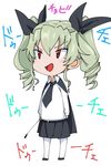  anchovy cape chibi commentary drill_hair girls_und_panzer green_hair hair_between_eyes hair_ribbon necktie open_mouth pantyhose pleated_skirt red_eyes ribbon riding_crop shirt sidelocks sketch skirt smirk solo torichamaru translation_request tsurime twin_drills white_background 