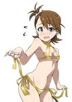  bikini breasts brown_eyes brown_hair cleavage collarbone earrings flying_sweatdrops futami_ami groin hair_ornament idolmaster idolmaster_(classic) jewelry one_side_up short_hair side-tie_bikini simple_background small_breasts solo swimsuit tokiani white_background yellow_bikini 