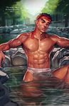  abs absurdres boxers brown_hair eyebrows facial_hair headband highres lips male_focus male_underwear manly muscle navel nose oskar_vega partially_submerged realistic reclining ryuu_(street_fighter) solo street_fighter stubble thick_eyebrows underwear underwear_only wet 