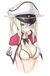  :o bespectacled bikini blonde_hair blue_eyes blush breasts capelet cleavage glasses goekawa graf_zeppelin_(kantai_collection) hair_between_eyes hat kantai_collection large_breasts long_hair military_hat open_mouth peaked_cap simple_background solo swimsuit twintails upper_body white_background white_bikini 