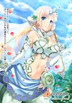  animal_ears bare_shoulders blonde_hair blue_eyes blue_sky breasts bridal_veil butter-t centaur cloud cloudy_sky commentary day detached_collar elbow_gloves english_commentary gloves gold_trim hair_ornament horn large_breasts light_rays long_hair looking_at_viewer low_twintails midriff monster_girl monster_girl_encyclopedia navel outdoors patreon_logo patreon_username petals rose_petals see-through see-through_silhouette sky smile solo stomach sunbeam sunlight translated twintails unicorn_(monster_girl_encyclopedia) unicorn_girl veil watermark web_address white_gloves wind wind_lift 